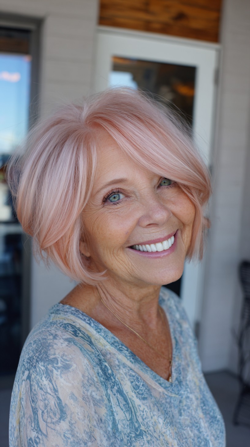 Blush Pastel Layered Chin-Length Bob with Side Sweep