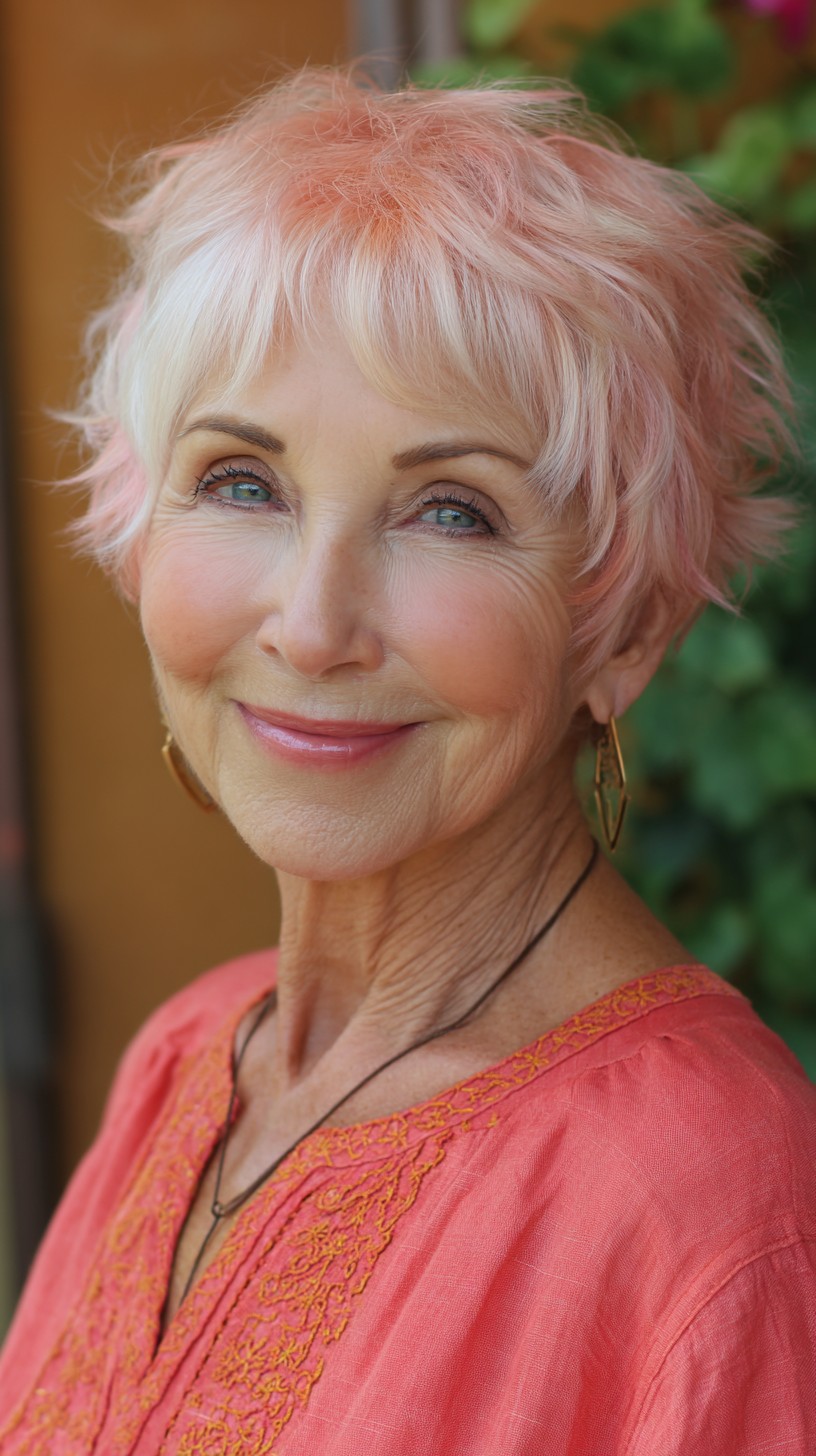 Blush-Toned Short Pixie with Feathered Crown