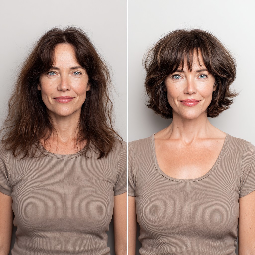 Brunette Chin-Length Layered Bob with Soft Micro Bangs and Crown Lift