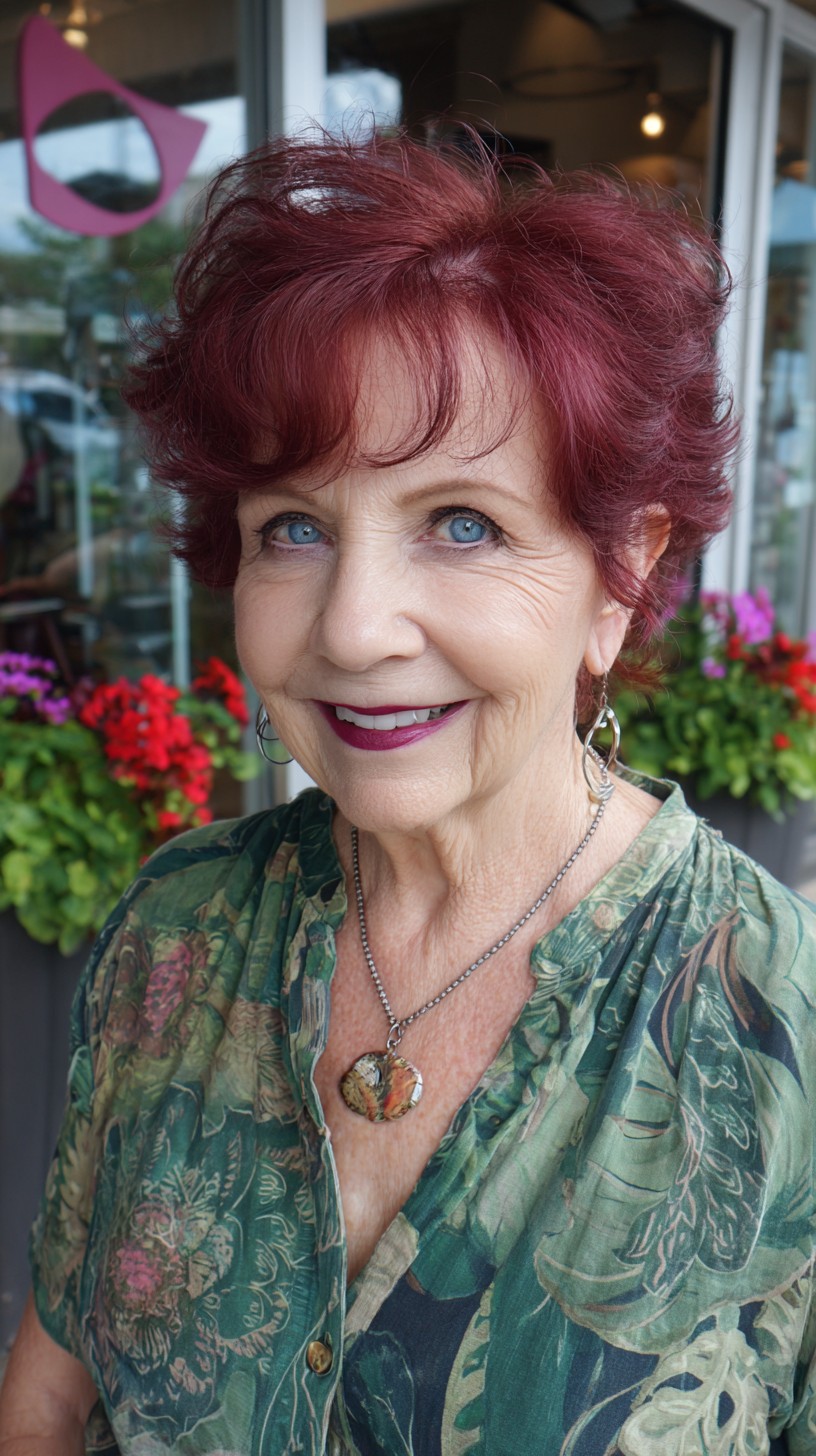 Burgundy Feathered Pixie with Lifted Crown and Wispy Fringe