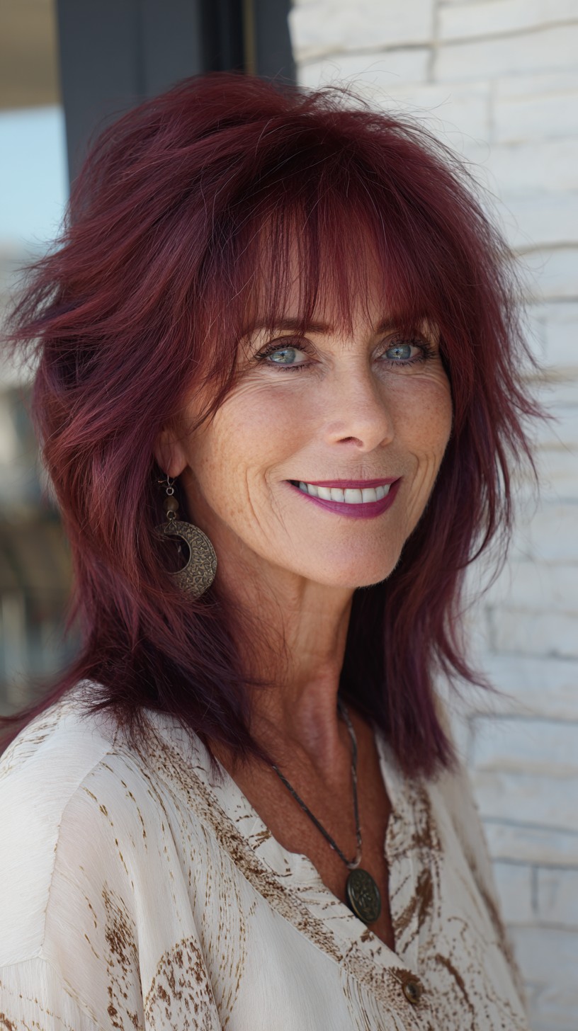 Burgundy Feathered Shoulder Shag with Soft Micro-Fringe