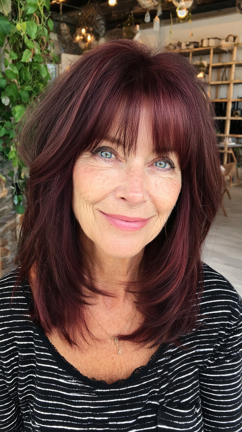 Burgundy Shoulder-Length Shag with Airy Curtain Fringe