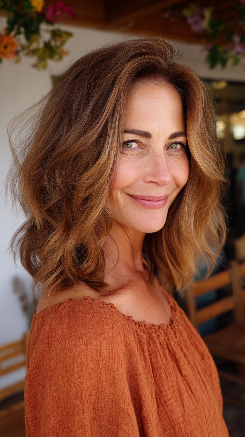 Caramel Face-Framing Wavy Lob with Soft Internal Layers