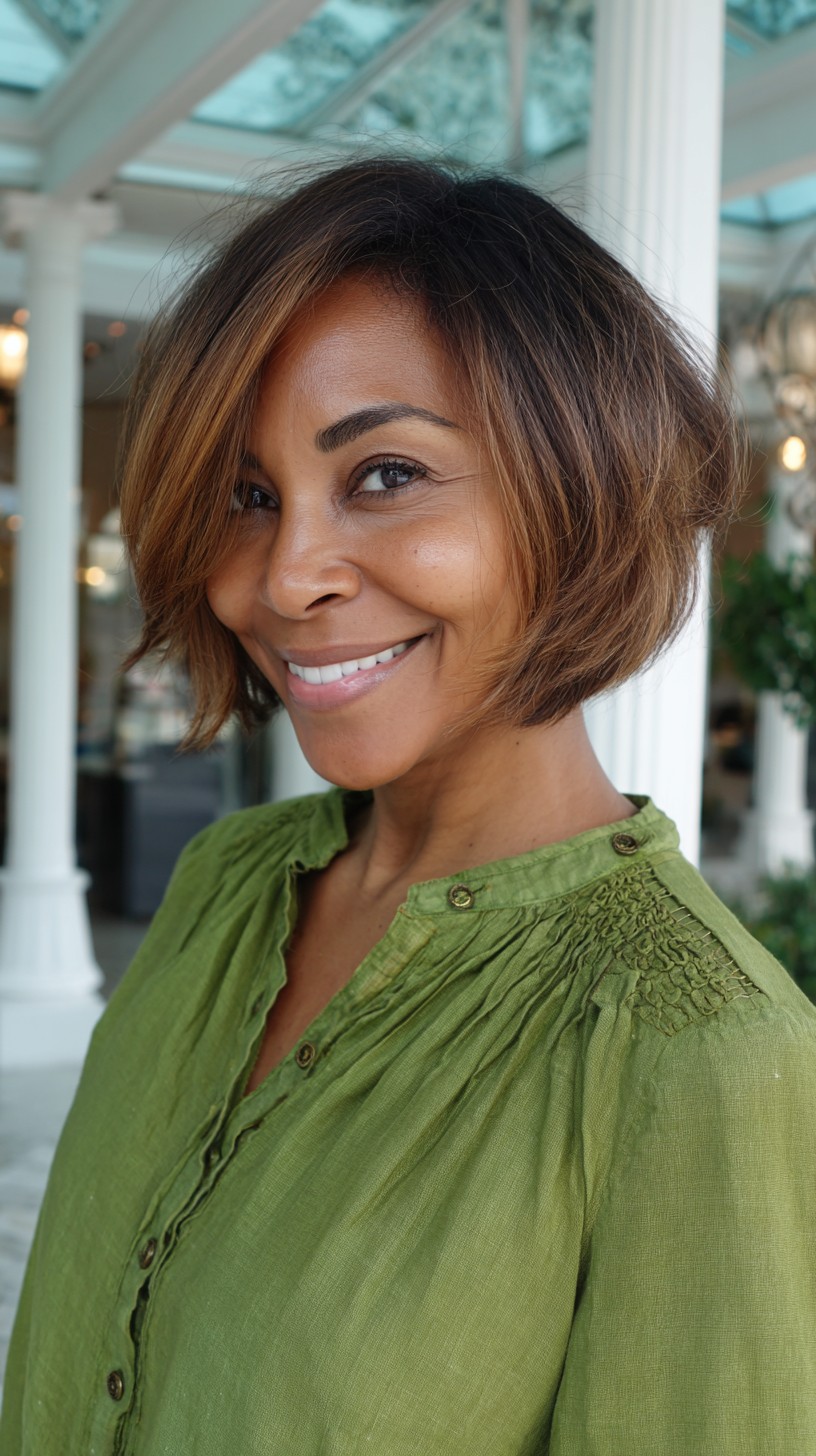 Caramel-Laced Chin-Length Layered Bob with Side-Swept Fringe