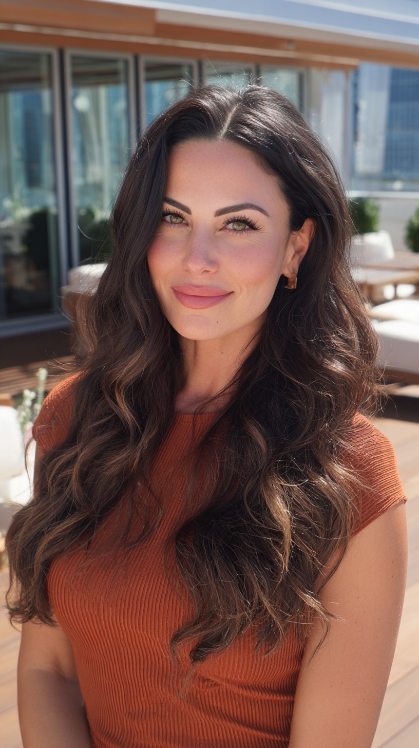 Center-Part Long Waves with Subtle Cheekbone Balayage