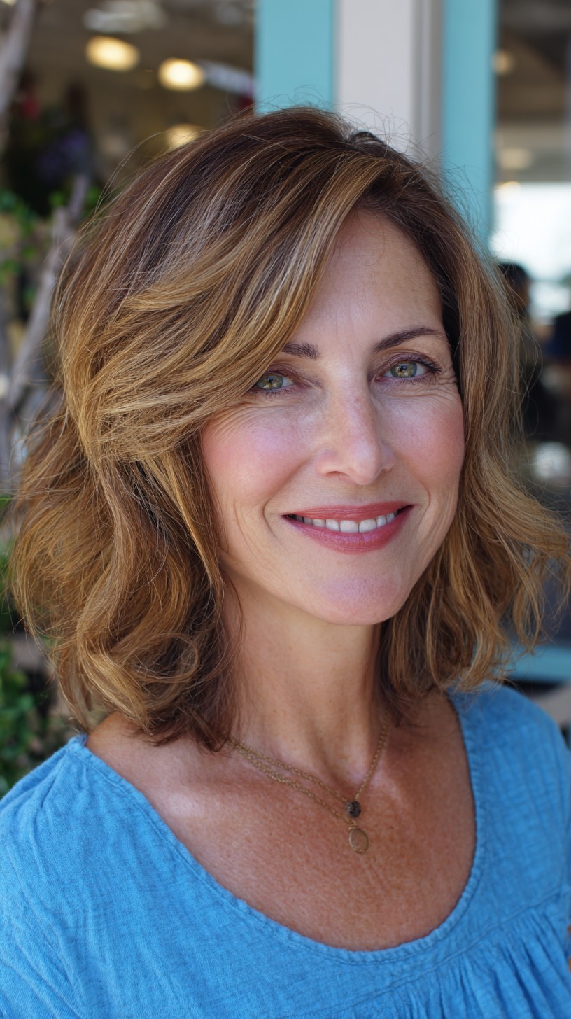 Chestnut Balayage Shoulder-Length Wavy Lob with Curtain-Side Layers