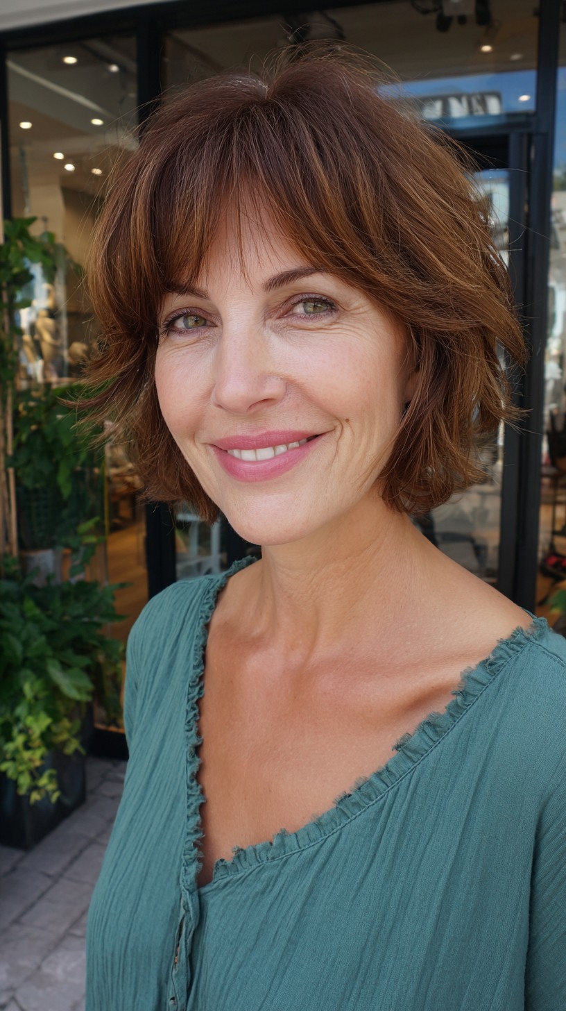 Chestnut Feathered Chin-Length Bob with Wispy Micro Fringe