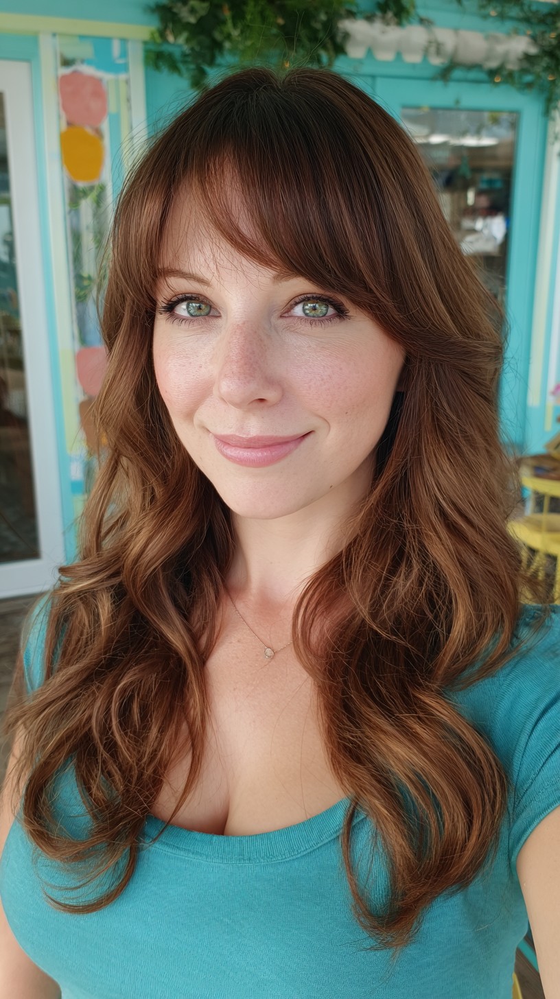 Chestnut Long Waves with Feathered Curtain Fringe
