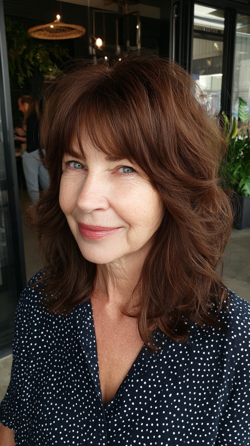 Chestnut Medium Shag with Brow-Skimming Fringe and Crown Lift