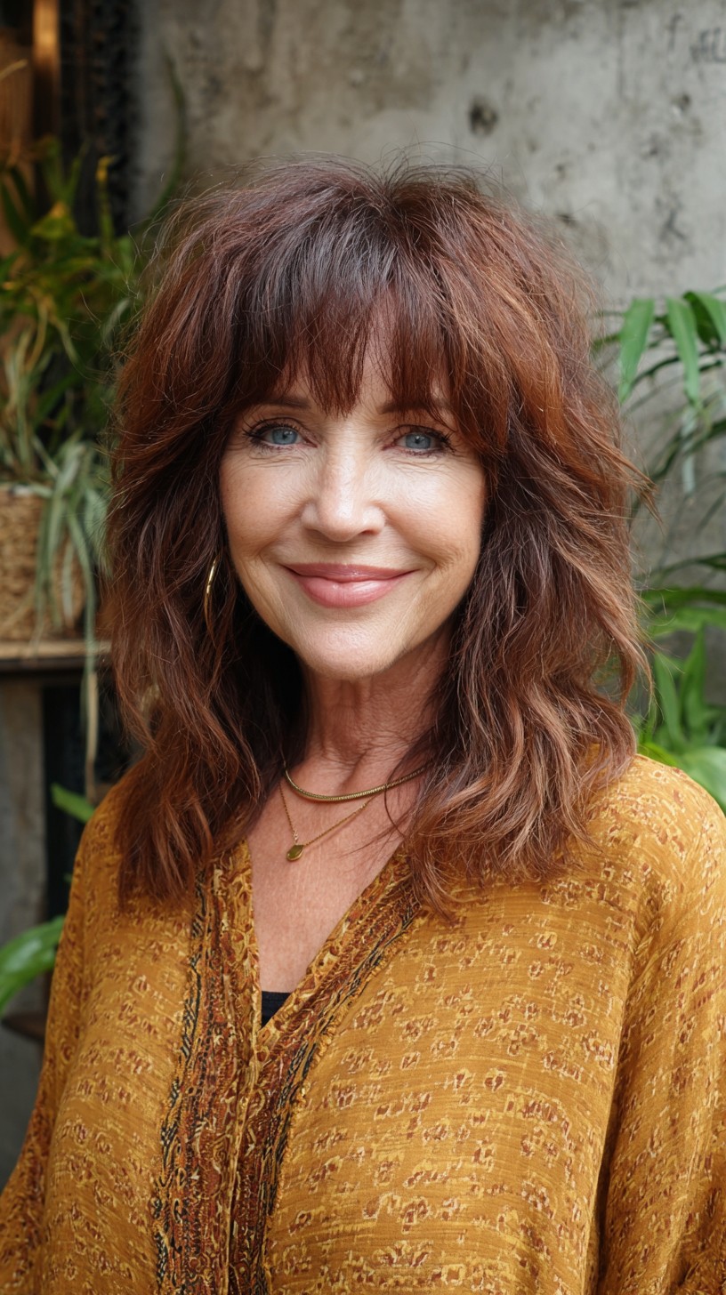 Chestnut Shoulder-Length Shag with Wispy Center Fringe