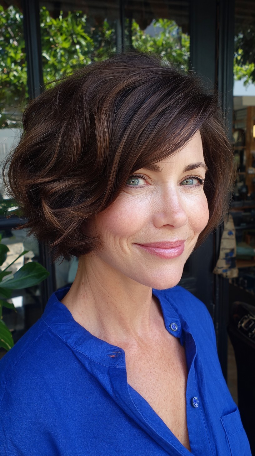 Chestnut Stacked Wavy Chin-Length Bob with Long Side Fringe