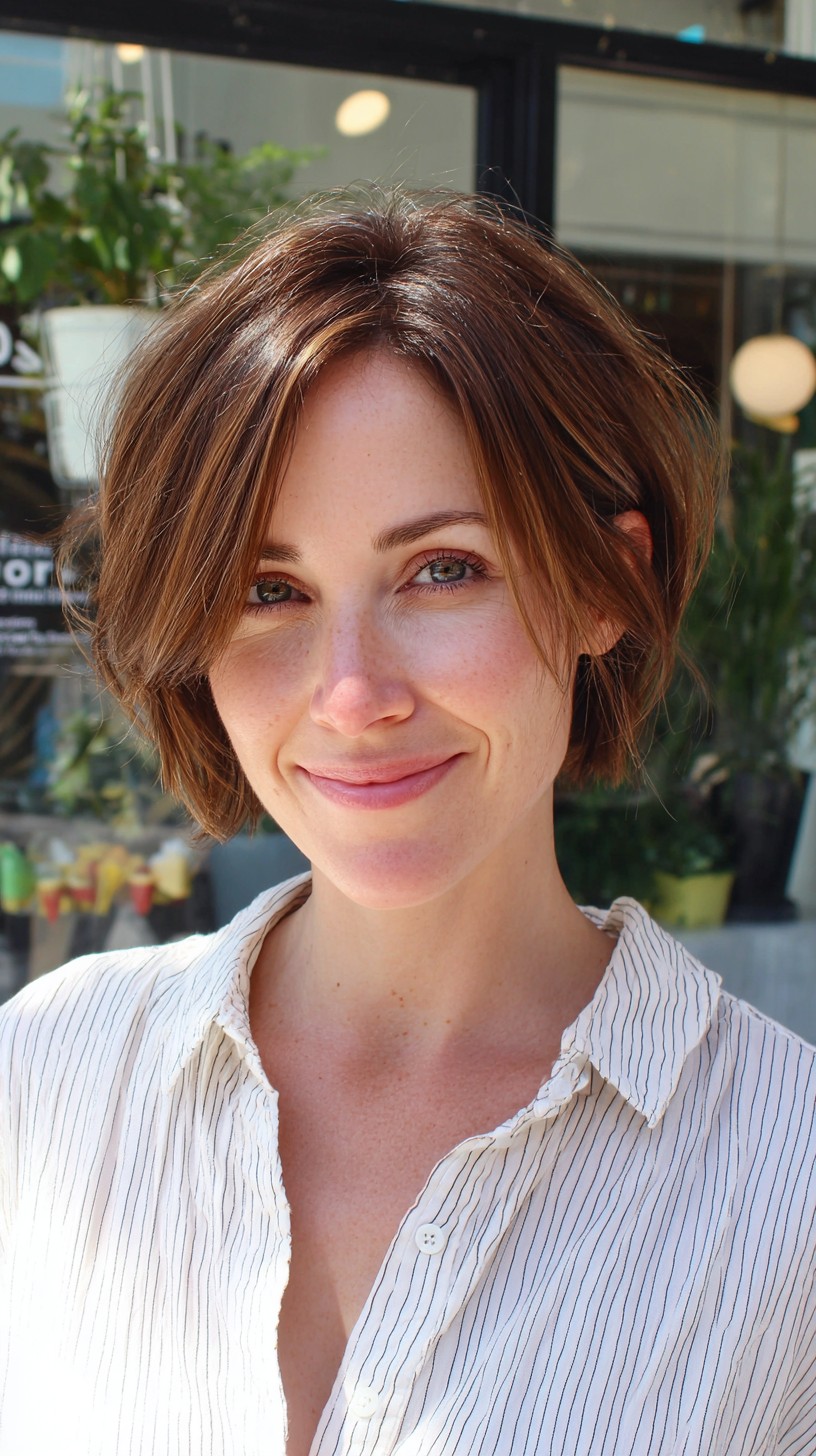 Chic Chestnut Chin-Length Layered Bob with Curtain Fringe and Subtle Balayage