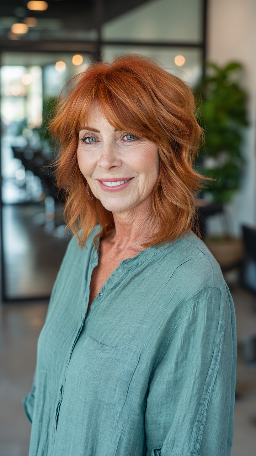 Copper-Red Mid-Length Shag with Feathered Side-Swept Fringe