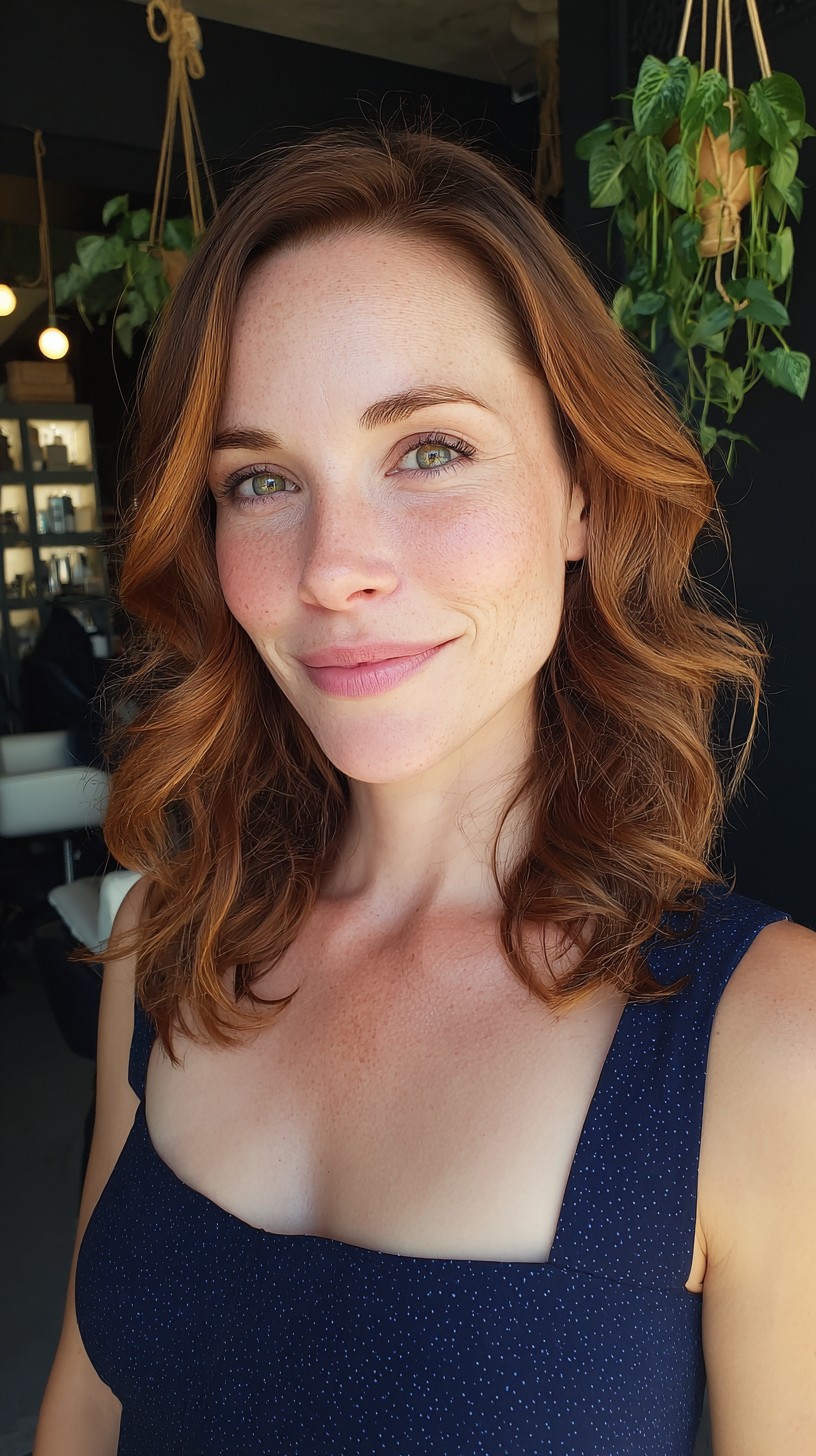 Copper-Red Mid-Length Wavy Lob with Subtle Face-Framing Micro-Layers