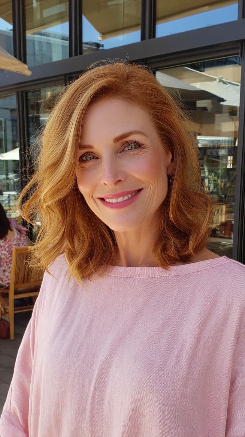 Copper Shoulder-Length Wavy Lob with Face-Framing Graduation