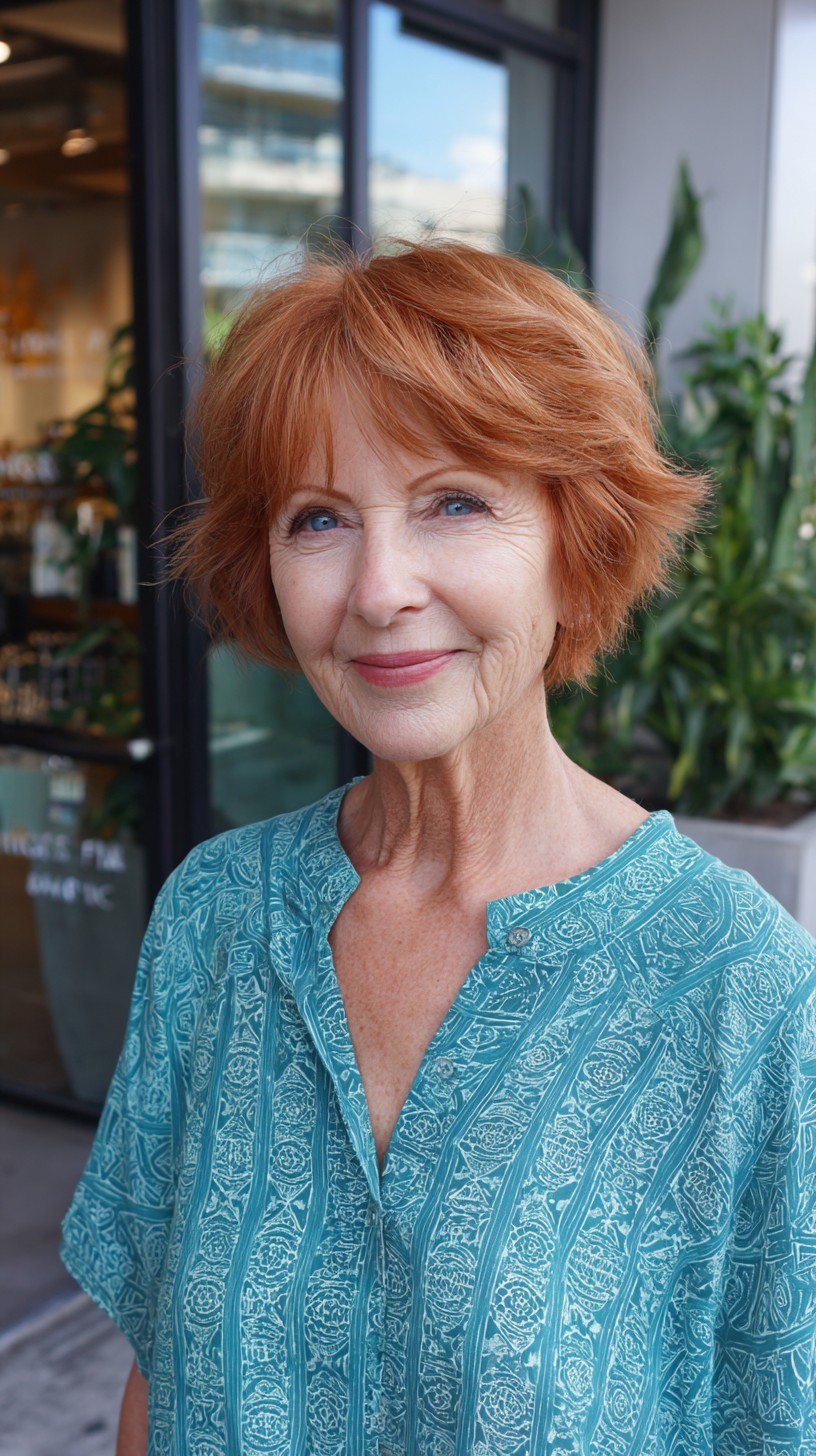Copper Textured Short Bob with Crown Lift and Feathered Fringe