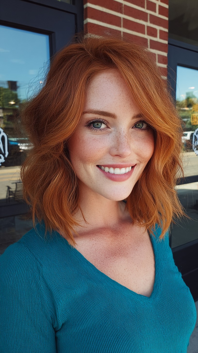 Copper-Textured Shoulder-Length Wavy Lob with Soft Face-Framing Layers