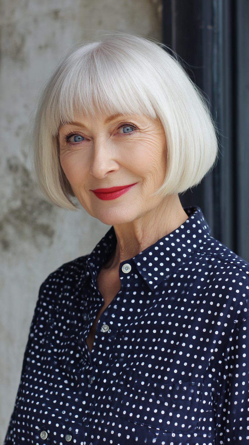 Crisp Silver Chin-Length Blunt Bob with Micro Fringe