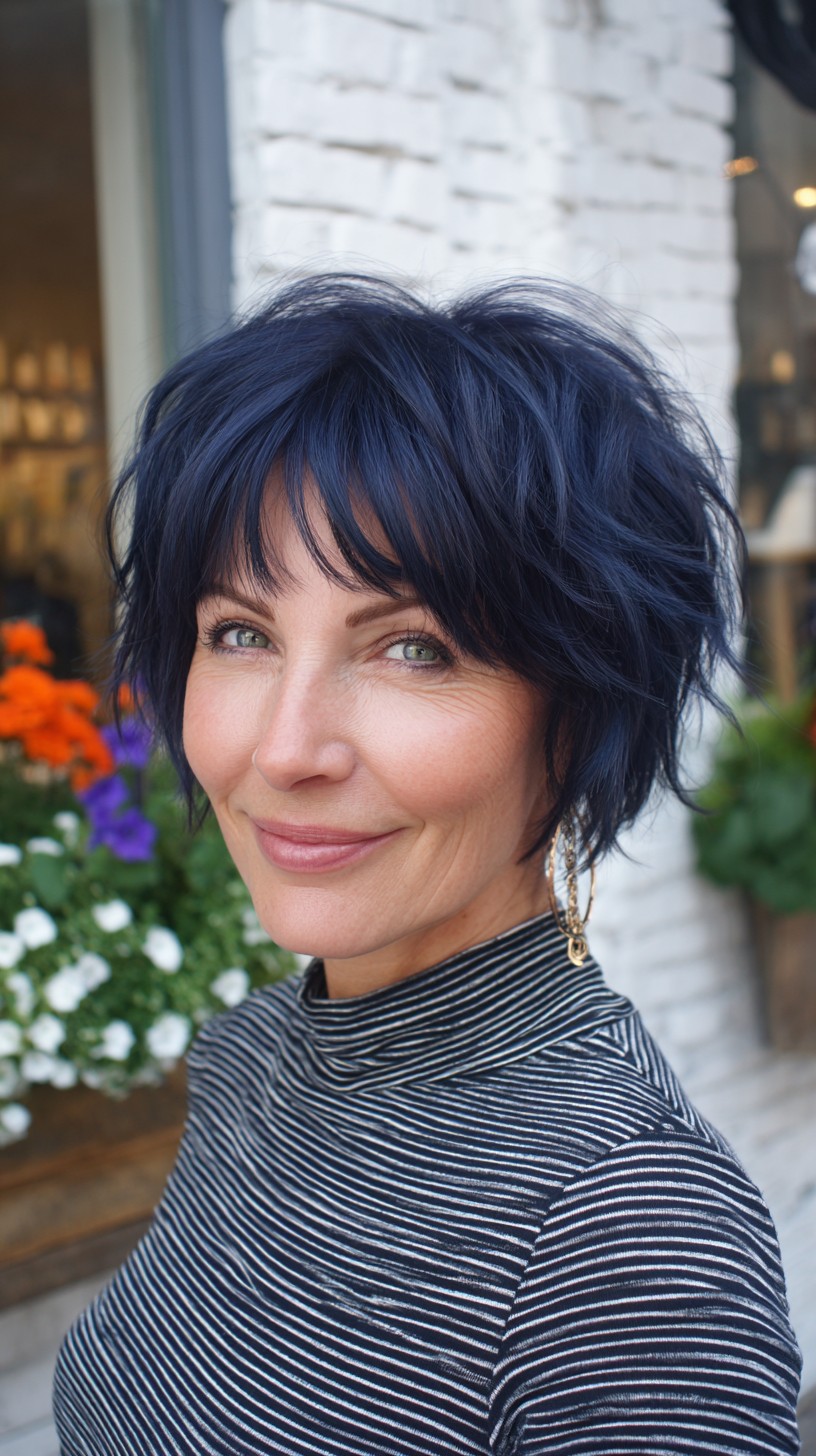 Deep Navy Feathered Short Shag with Airy Curtain Fringe