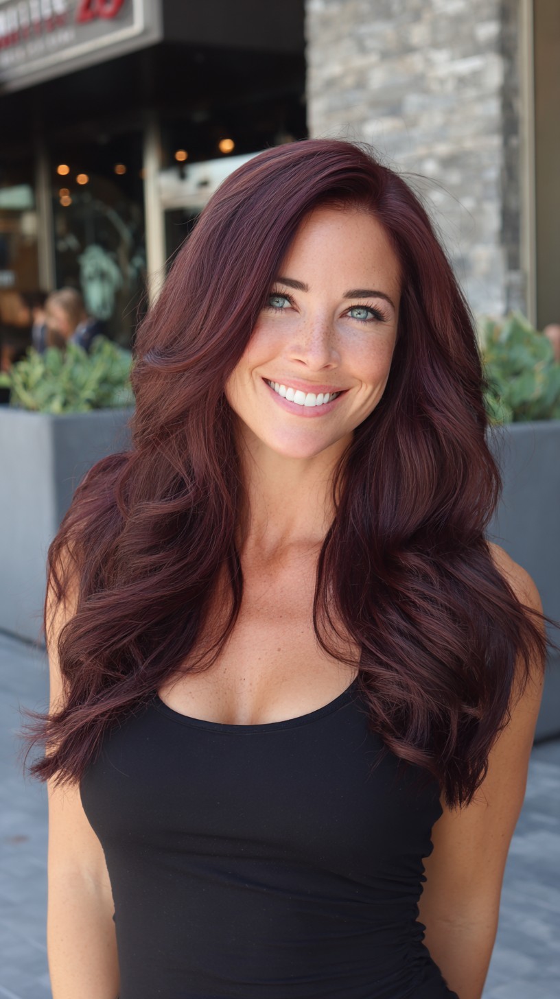 Deep Side-Part Burgundy Waves with Long Face-Framing Layers