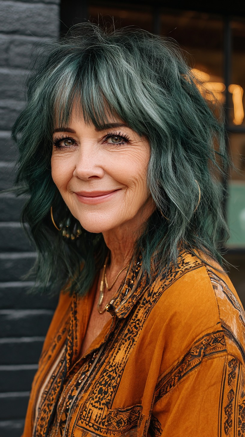 Edgy Teal Shoulder-Length Shag with Silver Face-Framing Strands