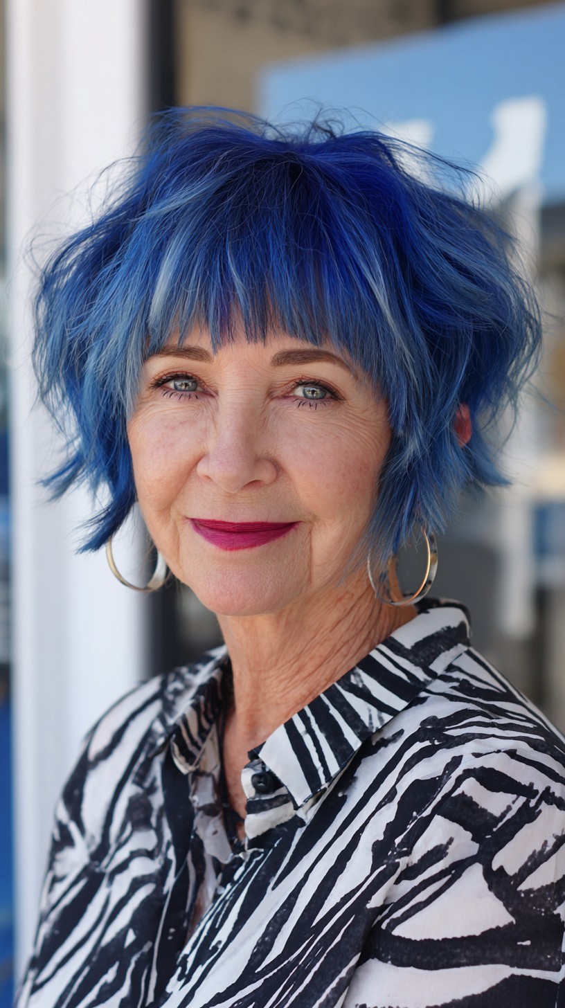 Electric Cobalt Textured Short Shag with Micro-Bangs