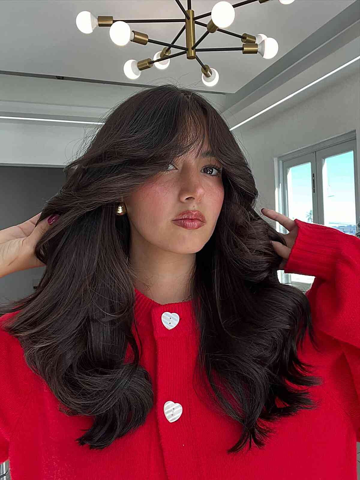 Elegant Dark Chocolate Waves with French Bangs