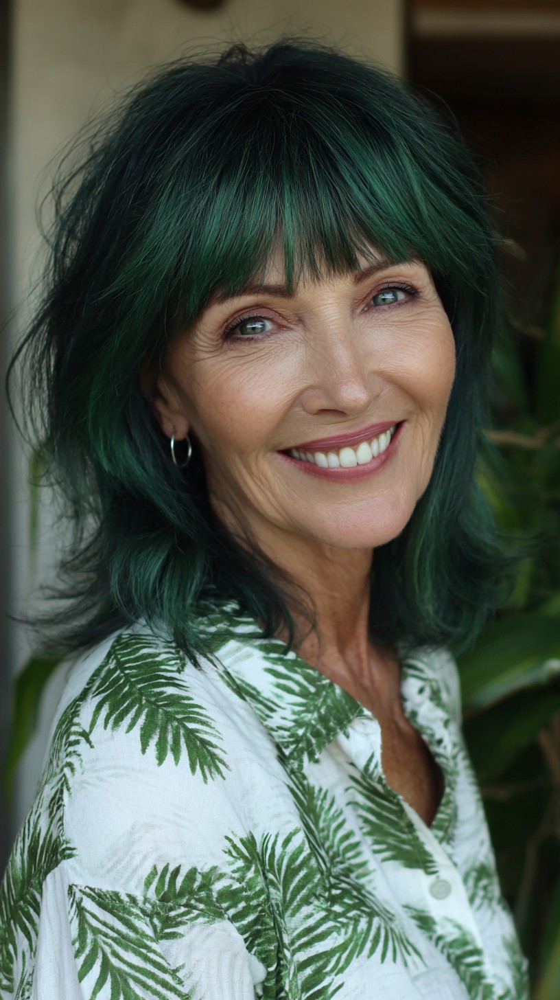 Emerald Shadow Shag with Soft Micro-Curtain Bangs