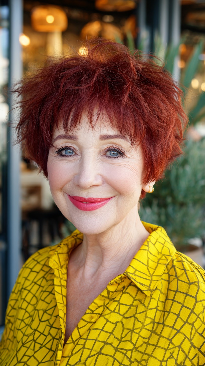Feathered Auburn Short Shag with Soft Micro Fringe and Crown Lift