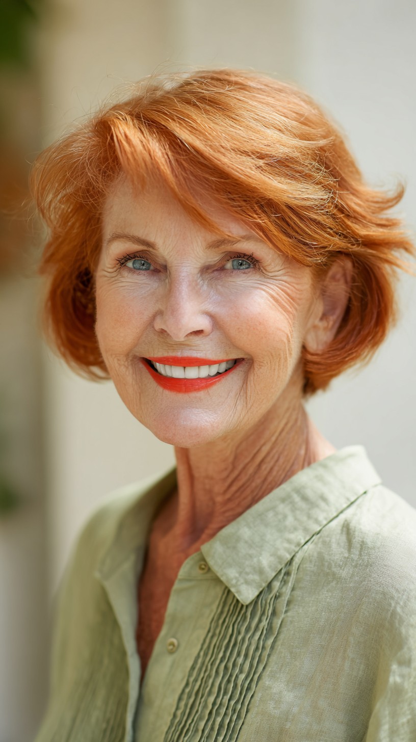 Feathered Copper Ear-Length Bob with Side-Swept Micro Layers