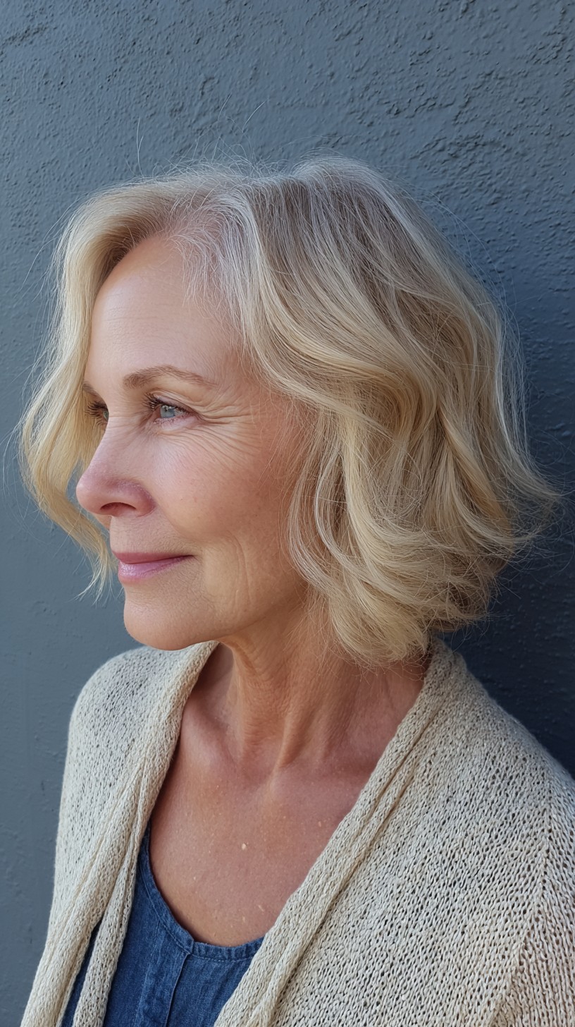 Feathered Jaw-Grazing Blonde Bob with Soft Root Blend