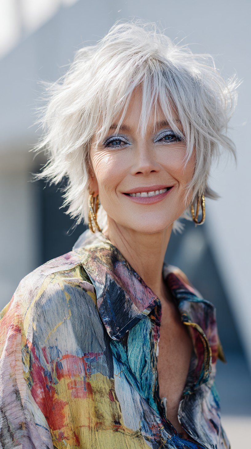 Feathered Silver Pixie-Shag with Choppy Face-Framing Fringe