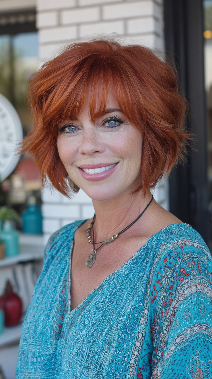 Fiery Copper Textured Chin-Length Bob with Feathered Fringe