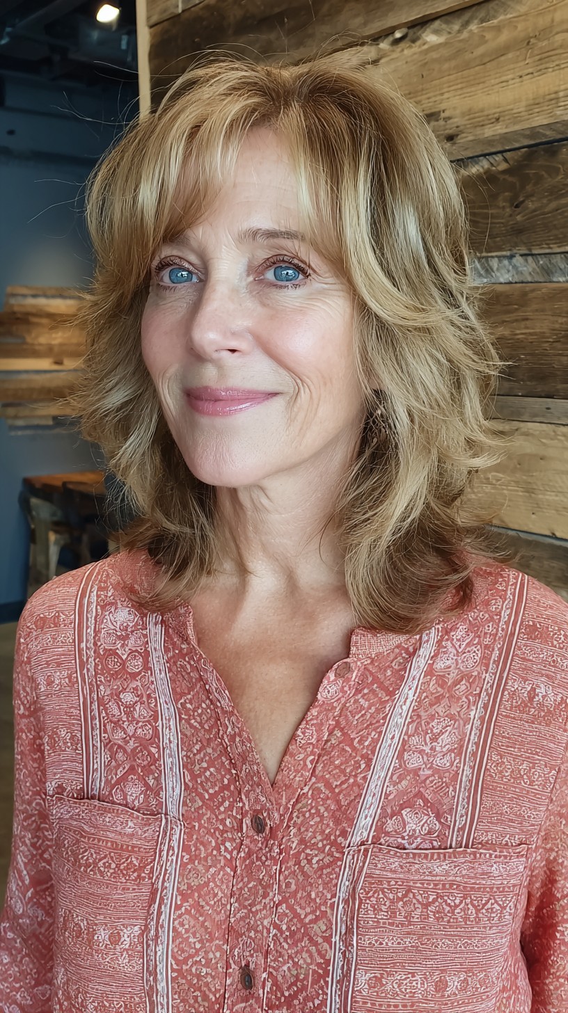 Golden Shoulder-Length Shag with Rounded Face-Framing Layers