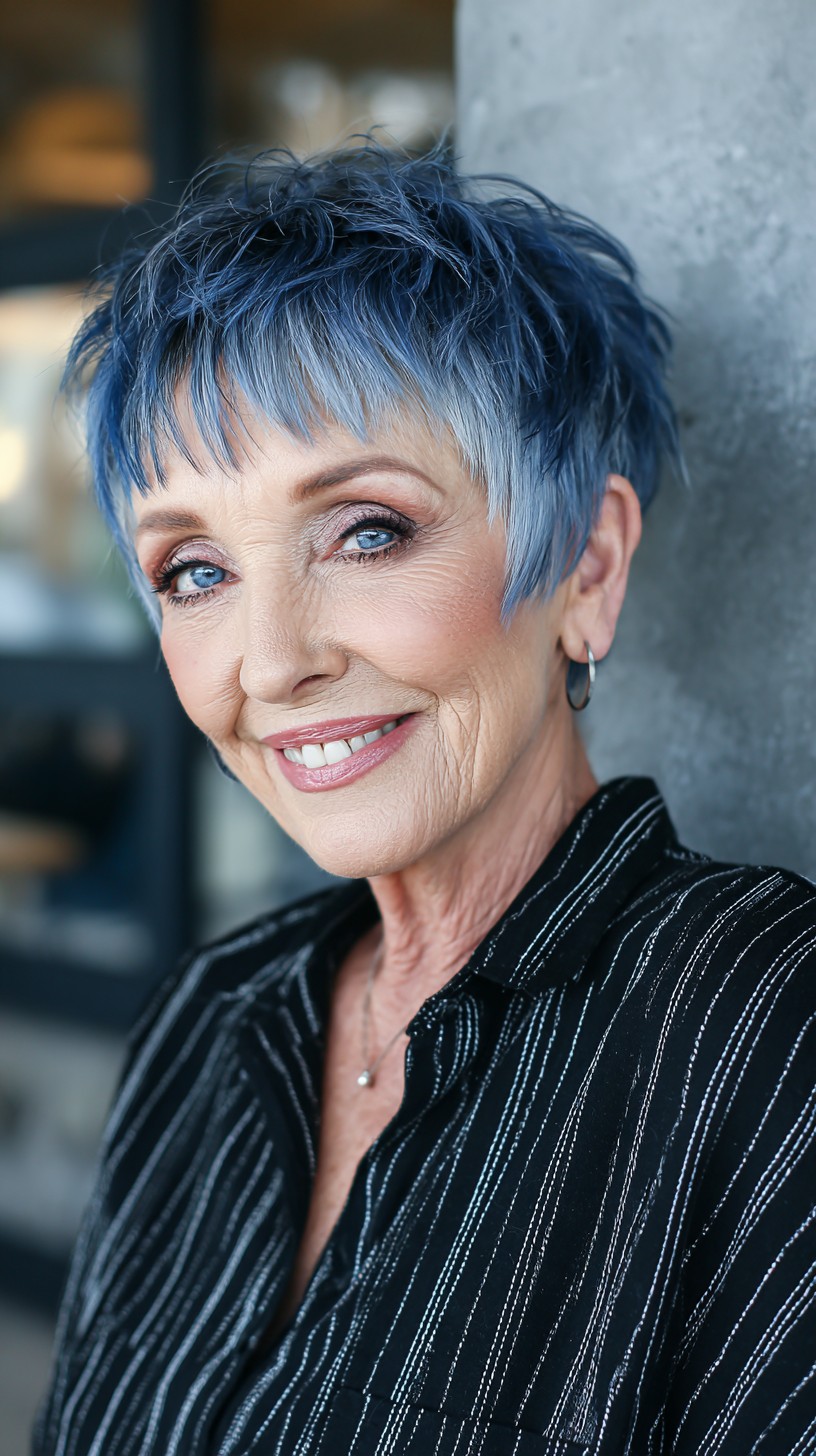 Indigo-Silver Textured Short Pixie with Feathered Micro-Bangs