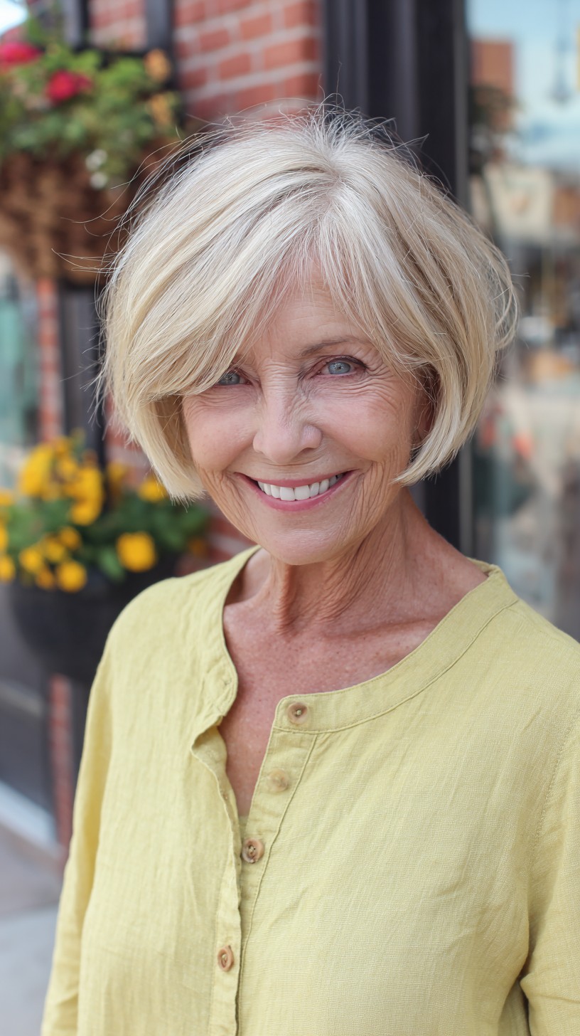 Ivory Layered Chin-Length Bob with Face-Framing Sweep