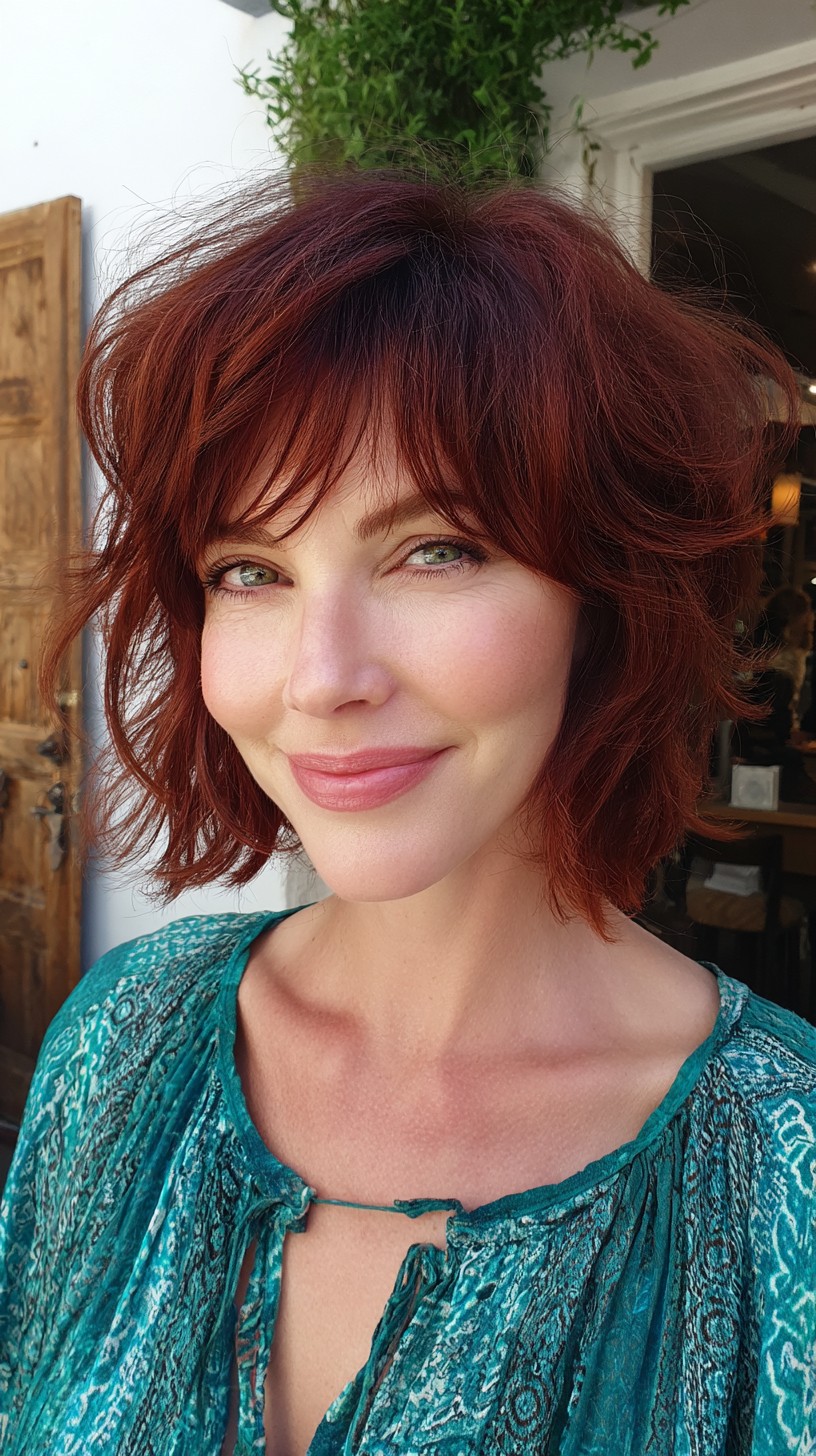 Lived-In Auburn Textured Chin-Length Bob with Face-Framing Feathered Fringe