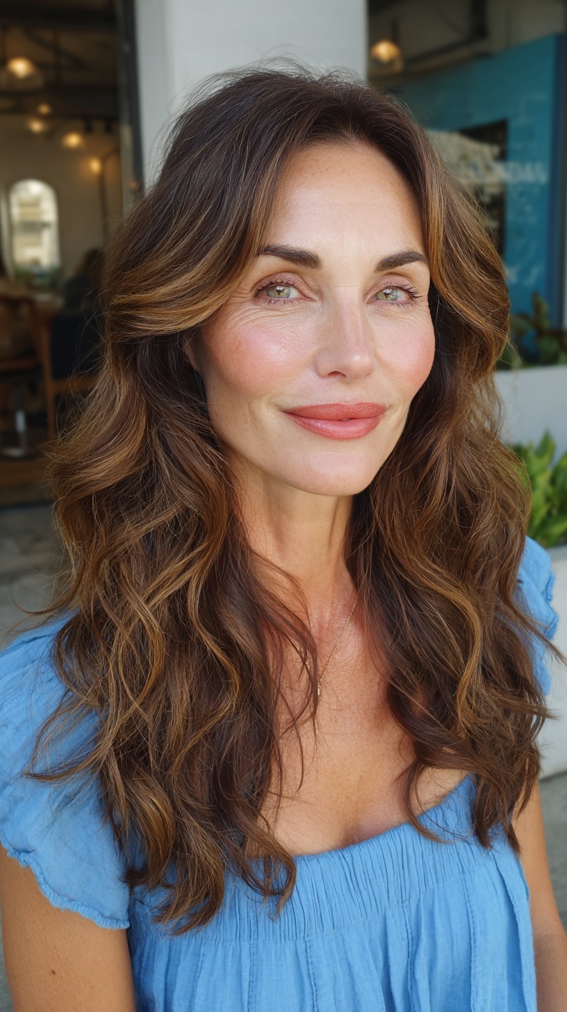 Long Face-Framing Layered Waves with Soft Temple Babylights