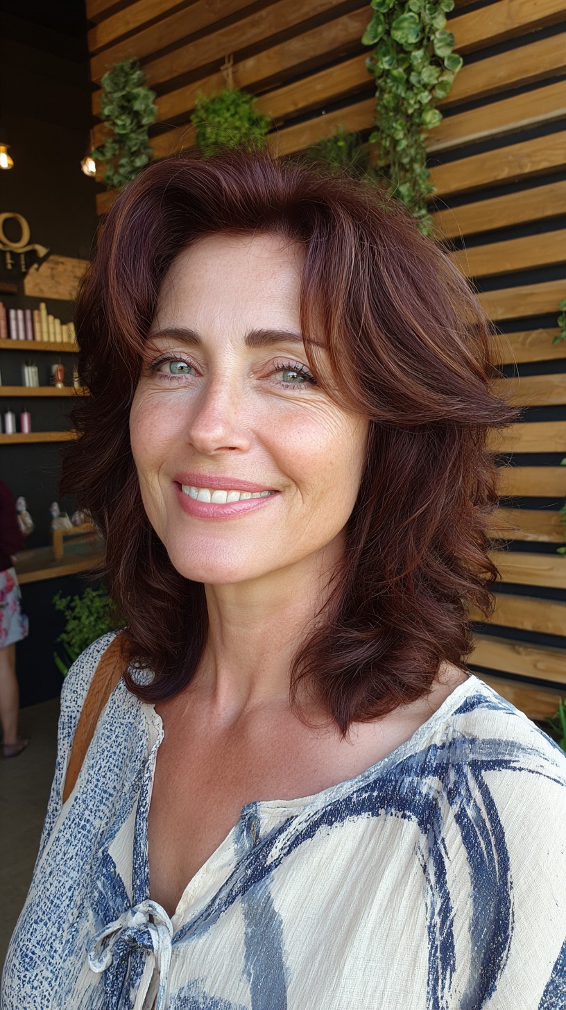 Mahogany Shoulder-Grazing Shag with Root-Softened Crown Lift