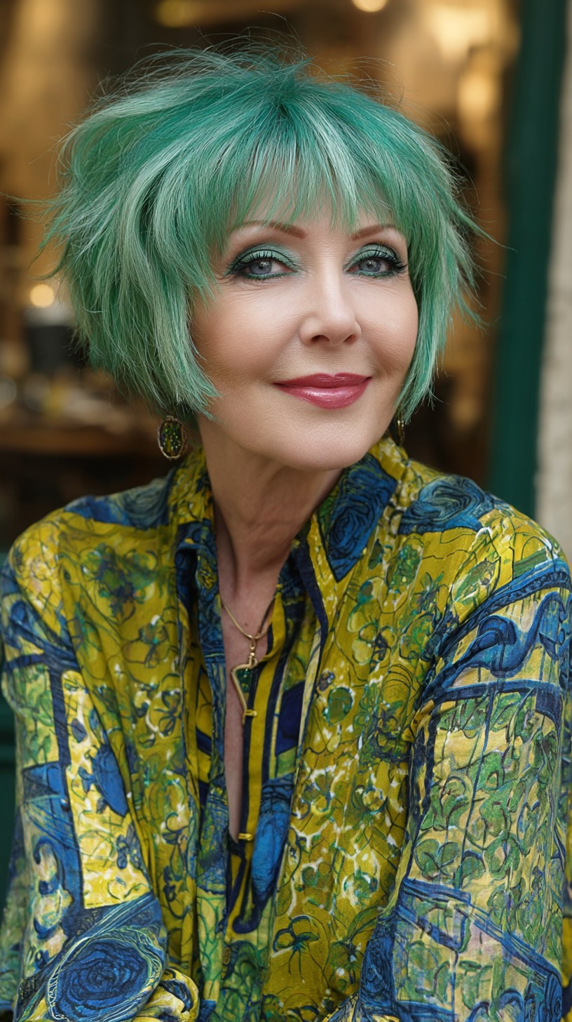 Mint-Green Textured Chin-Length Shag with Wispy Fringe