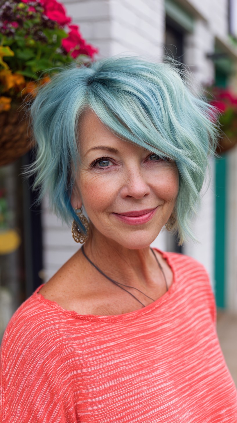 Pastel Aqua Textured Asymmetrical Shag with Side-Swept Fringe