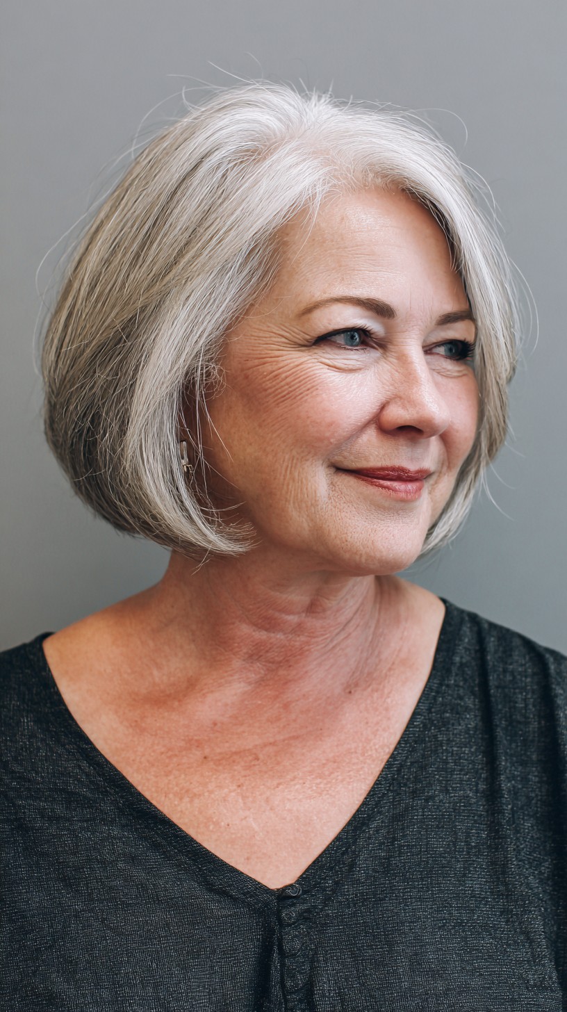 Pearl Silver Chin-Length Blunt Bob with Gentle Internal Graduation