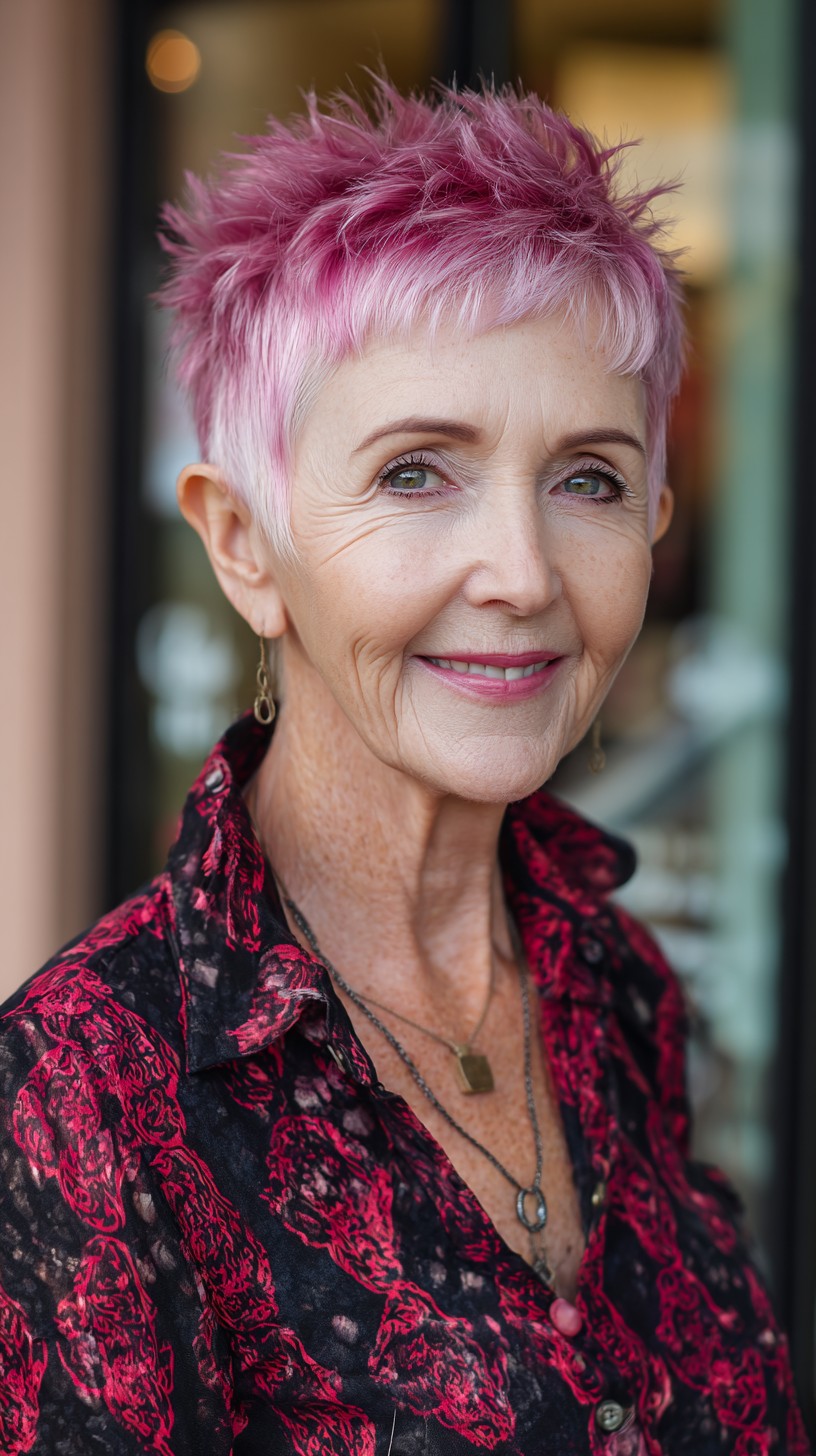Pink Spiky Pixie with Micro-Fringe and Tapered Nape