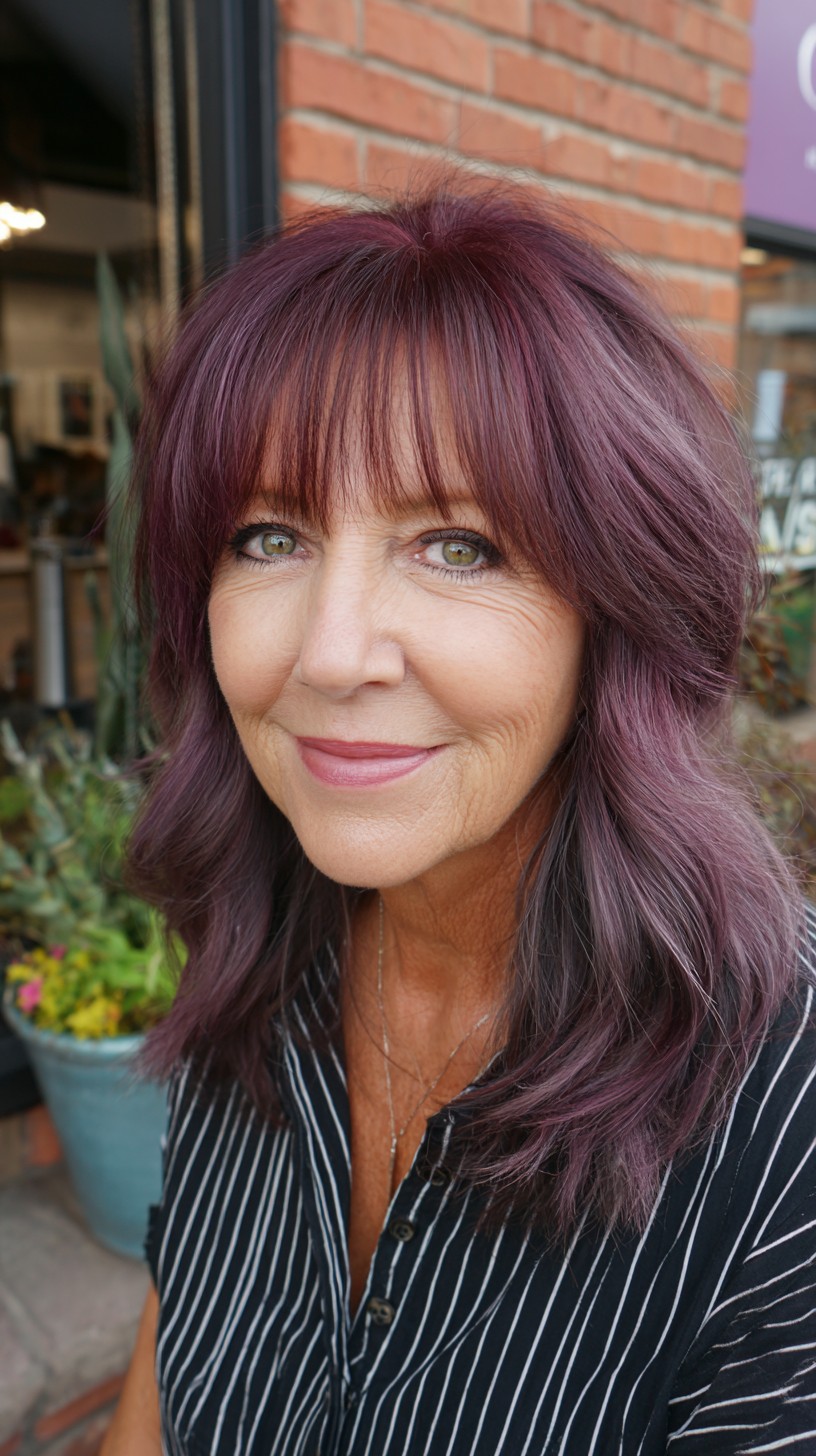 Plum-Shadow Textured Shoulder Shag with Soft Curtain Fringe