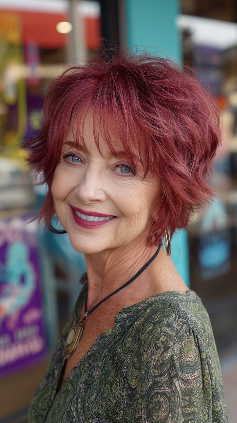 Plum Textured Pixie with Wispy Fringe and Crown Lift