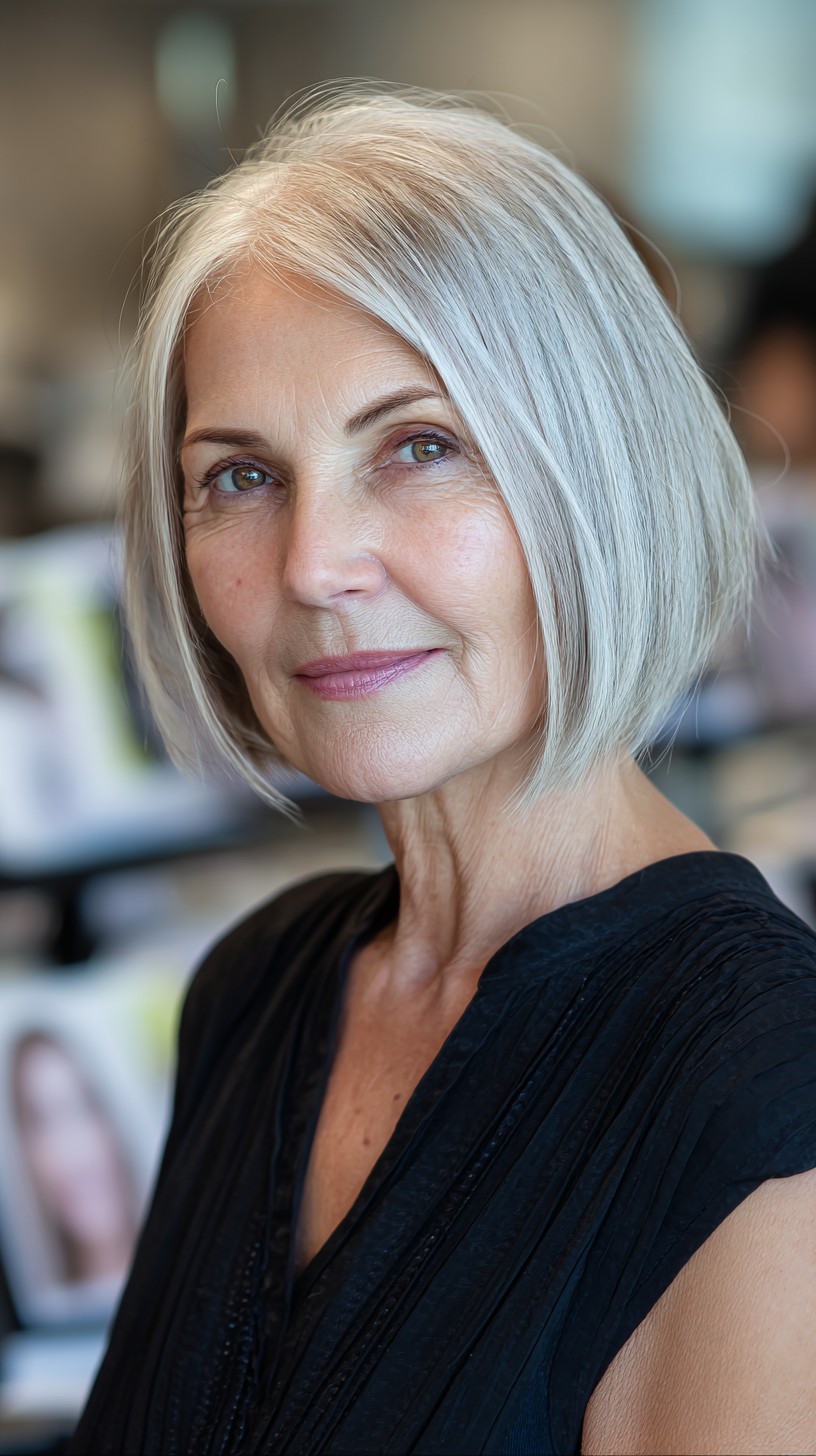 Polished Silver Jaw-Length Bob with Slight Forward Angle