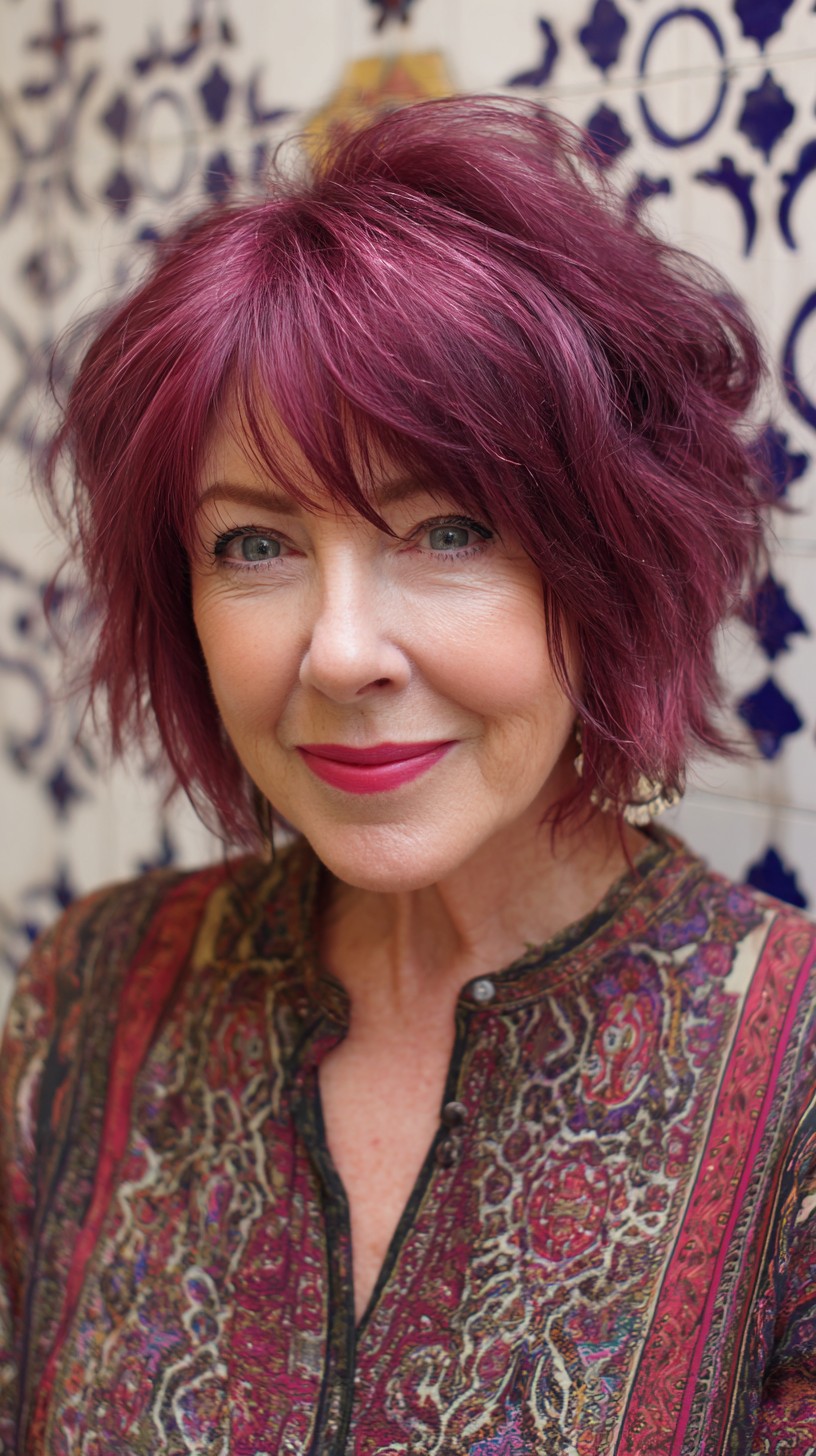 Raspberry Textured Short Shag with Feathered Side Fringe