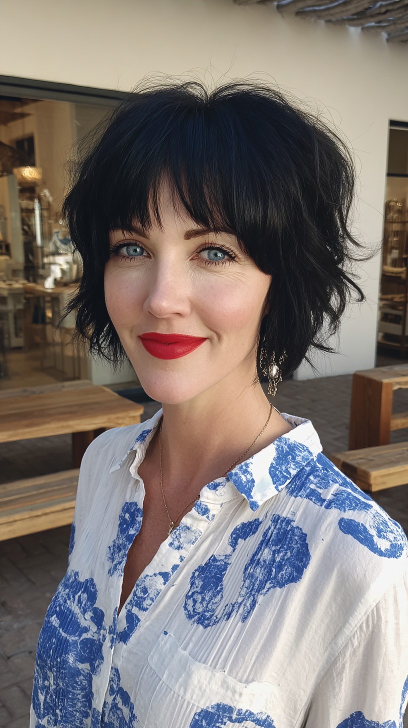Razor-Textured Jet Black Short Layered Bob with Micro Fringe