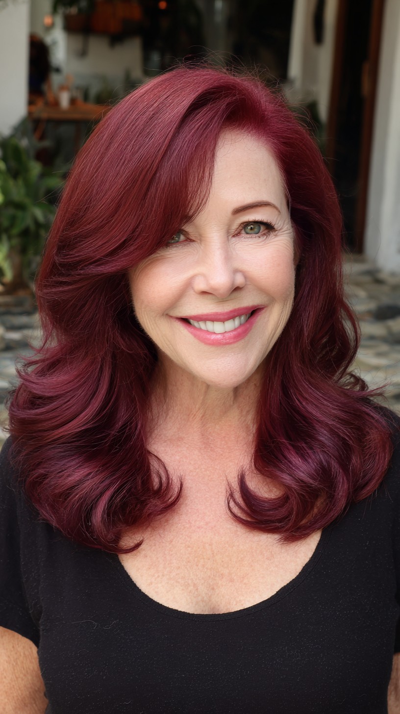 Rich Burgundy Mid-Length Waves with Face-Framing Sweep