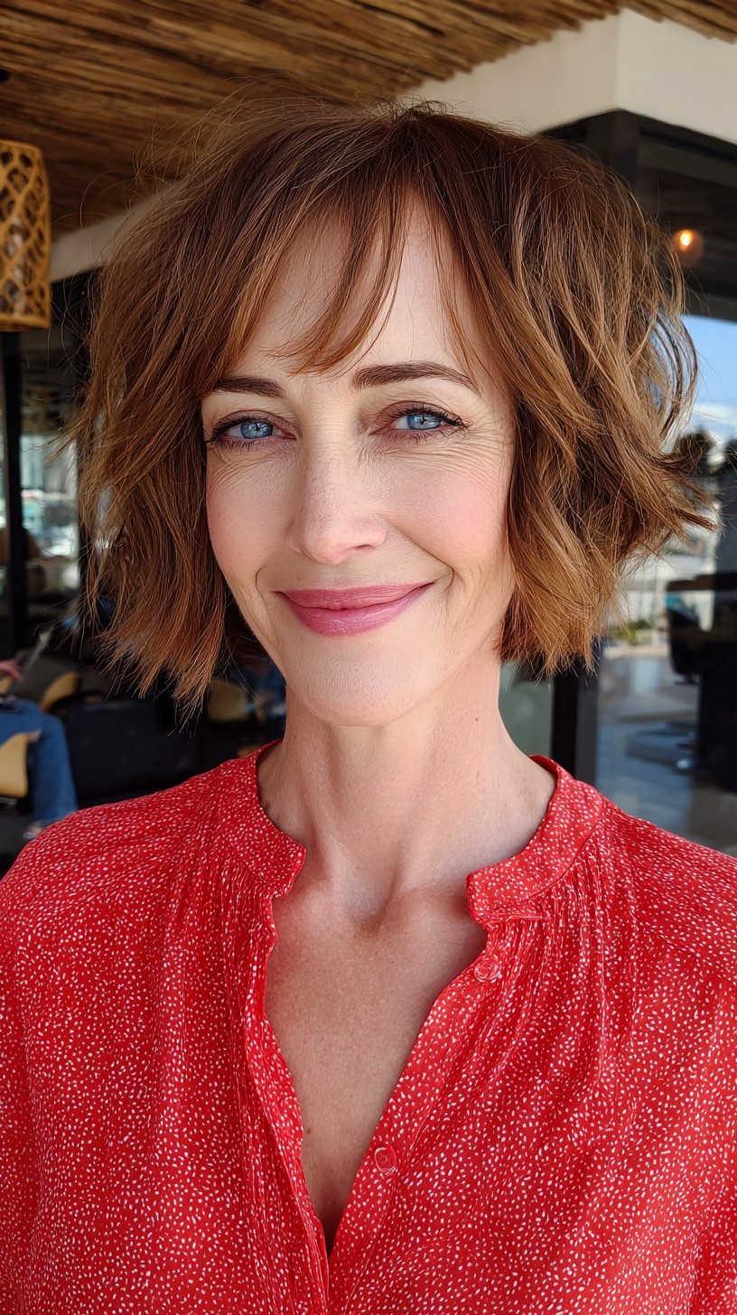 Root-Faded Textured Chin-Length Layered Bob with Wispy Center-Parted Fringe